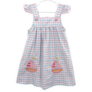 Classic Whimsy Pastel Plaid Sailboat Dress Toddler Girl’s Size 3T